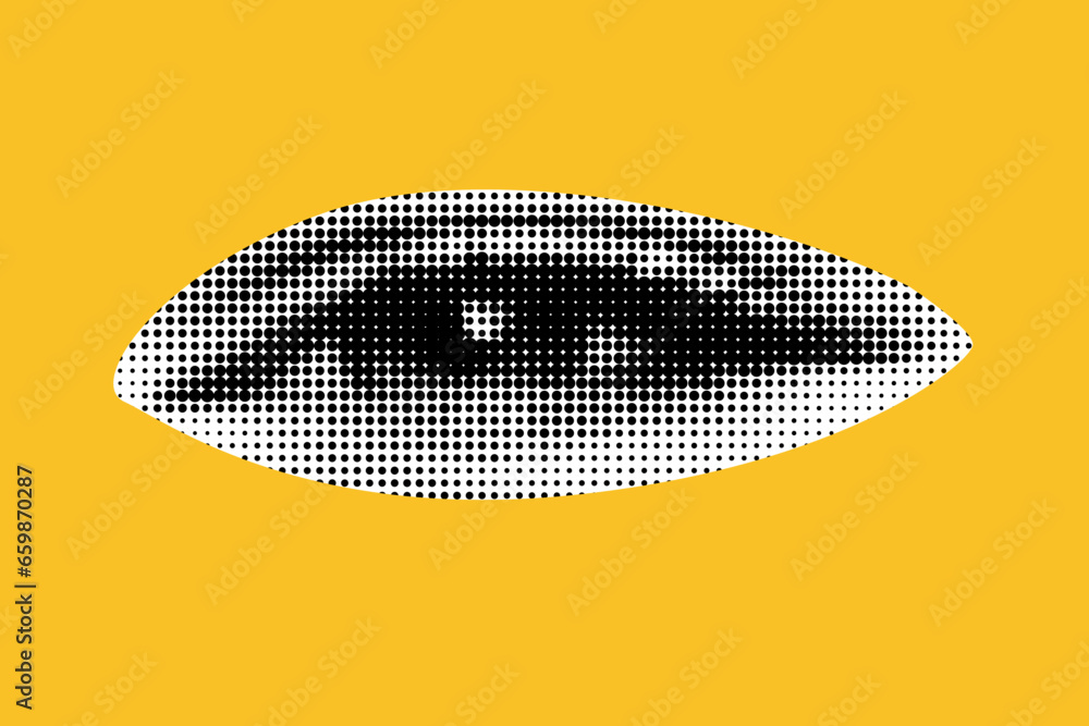 An eye cut out as if from a magazine. Isolated as png.. Vector halftone elements for collage on yellow background. - obrazy, fototapety, plakaty 