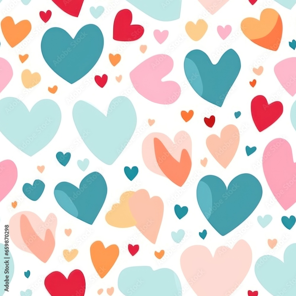 seamless pattern of colorful hearts on white