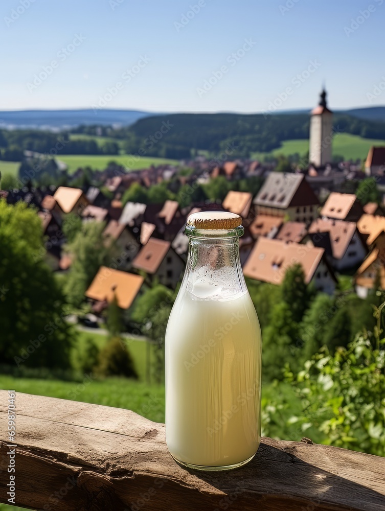 Bottle of homemade village milk against the backdrop of the village. AI Bottle of homemade village milk against the backdrop of the village. AI
