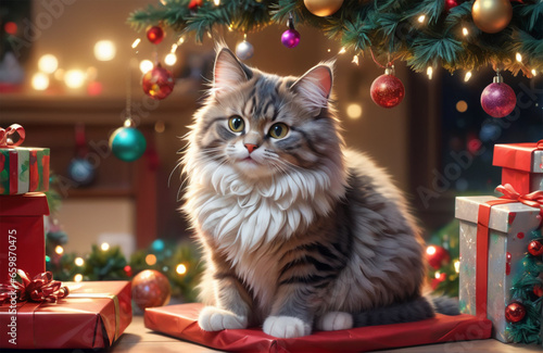 Cute fluffy cat sitting on a packed gift