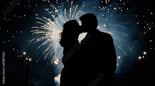 silhouette of a couple kissing in front of a magnificent fireworks display against a night sky, wonderful memory of a holiday for a wedding or New Year's Day