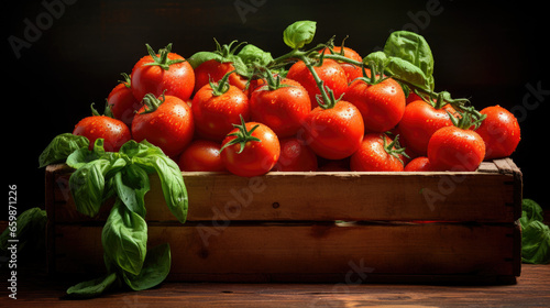 Harvest tomatoes in wooden box with green leaves and flowers. Vegetable still-life Isolated on black background.