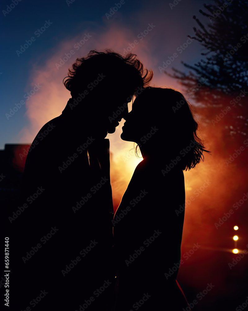 silhouette of a couple kissing in the night lit by orange light in city lamparaid, warmth emanates from lovers, kiss in the cold of a winter night, light contrast between blue and orange