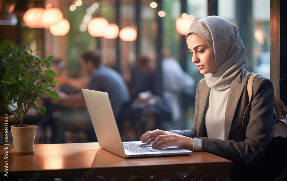 Woman using a laptop at the bar. Portrait of concentrated muslim woman working online. Woman using a laptop at the bar. Portrait of concentrated muslim woman working online.