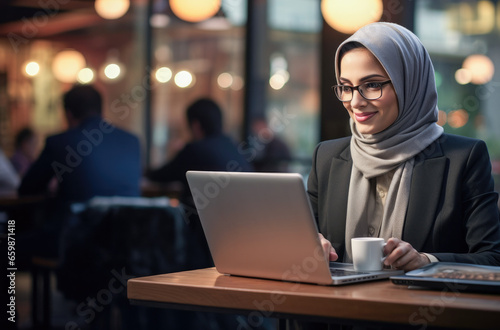 Woman using a laptop at the bar. Portrait of a muslim woman working online.  © Victor