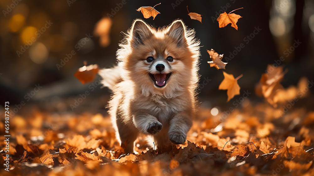 Obraz premium a cute fox runs in leaf fall through autumn leaves a view of wild nature the joy of change, a dynamic scene of flying leaves