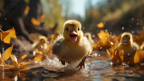 cute yellow ducklings in a group run towards the autumn yellow leaves in the fall of the sunny day of change