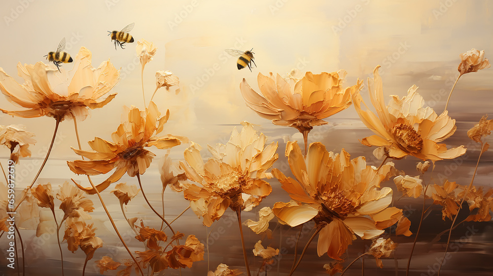 bees pollinate flowers in the morning fog of the last days of summer, landscape, silence and beauty of wildlife in early autumn