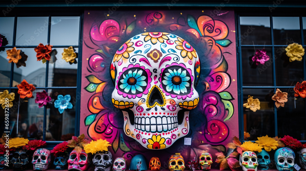 Day of the Dead, sugar skull mask at the Mexican traditional celebration generativa IA