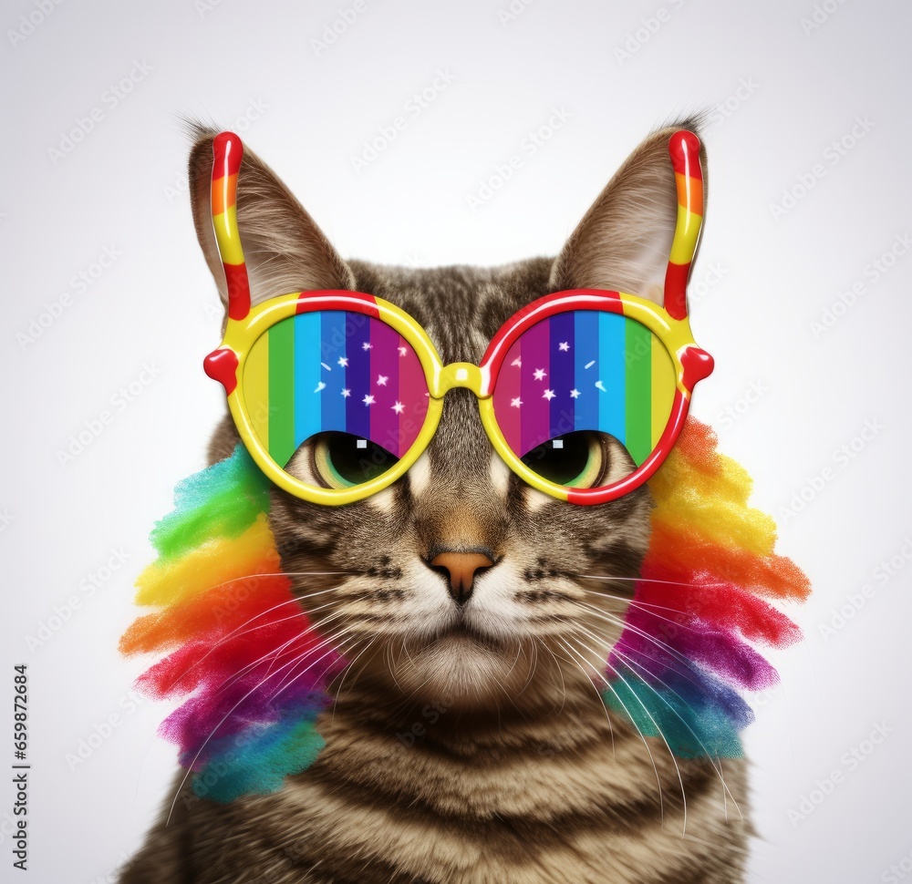 Photo of a cute cat wearing Gay pride rainbow glasses created with Generative AI technology
