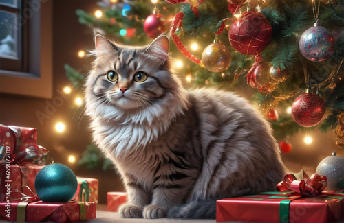 Cute fluffy cat sitting on a packed gift