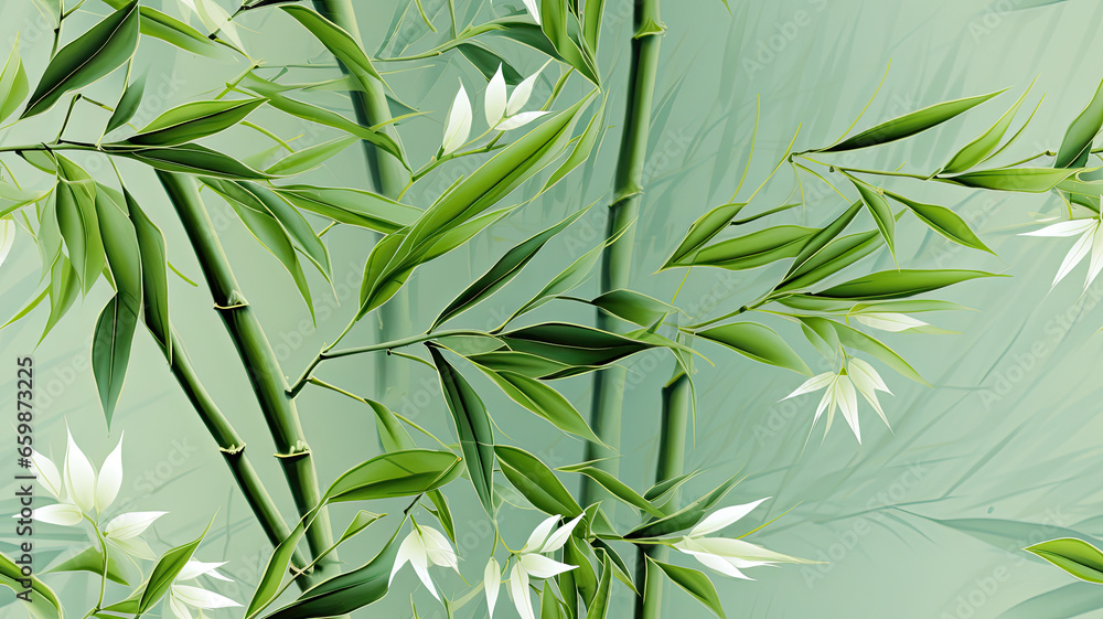 Seamless Pattern of Bamboo Trees, Stems, Leaves and White Flowers Seamless Pattern of Bamboo Trees, Stems, Leaves and White Flowers