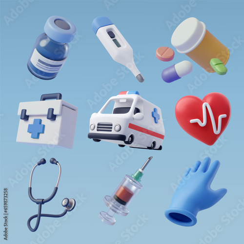 Collection of Health care and hospital 3d icon, emergency service, Medical rescue service concept.