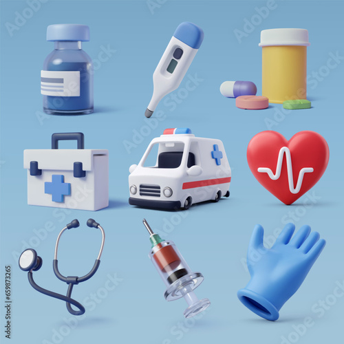 Collection of Health care and hospital 3d icon, emergency service, Medical rescue service concept.