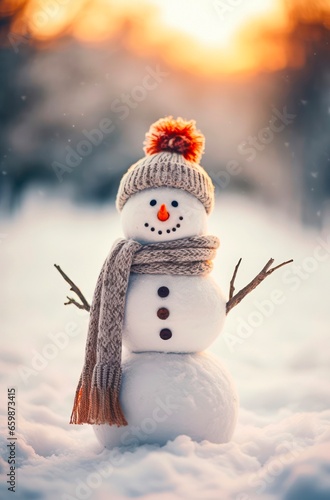 Cute snowman with hat and scarf is outside on sunny day in winter.