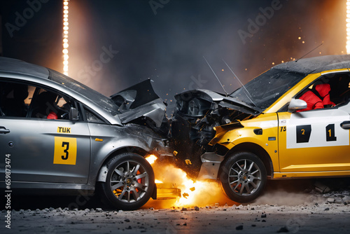 Autos beim Crash Test mit zertr  mmerter Fahrzeugfront.