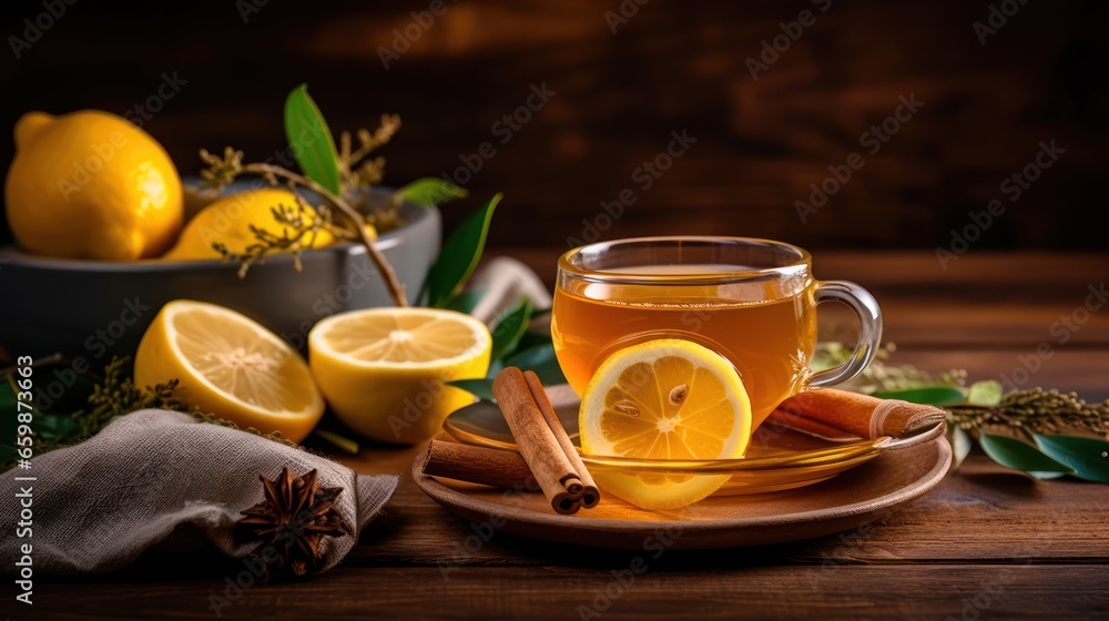 comforting hot drink prepared with honey, lemon, and ginger, a traditional remedy for soothing coughs, presented on a wooden table comforting hot drink prepared with honey, lemon, and ginger, a traditional remedy for soothing coughs, presented on a wooden table