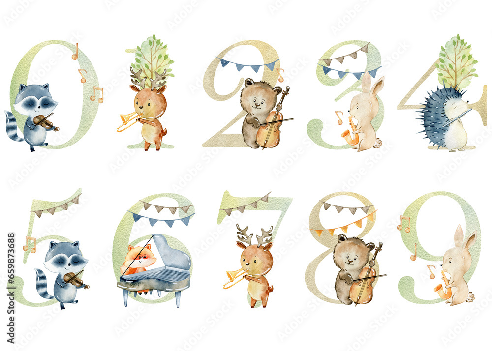 Watercolor musical animals numbers for invitation card, nursery poster and other.