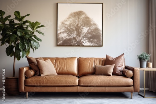 Modern and elegant living room with a comfortable sofa, stylish furniture and a blank photo frame on the wall. © Iryna
