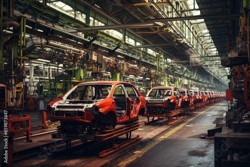 A modern automobile factory with robotic assembly lines and mechanical equipment for efficient and precise vehicle production.
