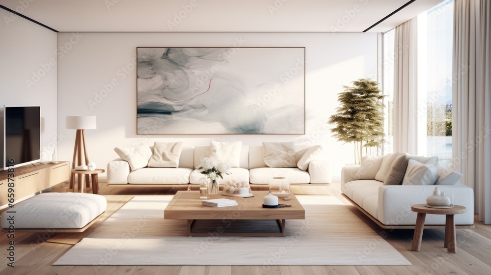 Fototapeta premium luminous bedroom adorned with white furnishings and captivating art