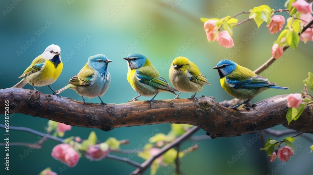 Birds singing on tree branches