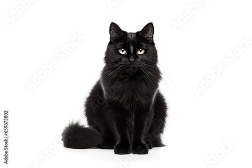 An elegant black cat with a beautiful fur coat sits and looks, isolated in the studio on a white background.