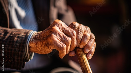 The hand of an elderly man gripping a wooden walking stick © vectorizer88