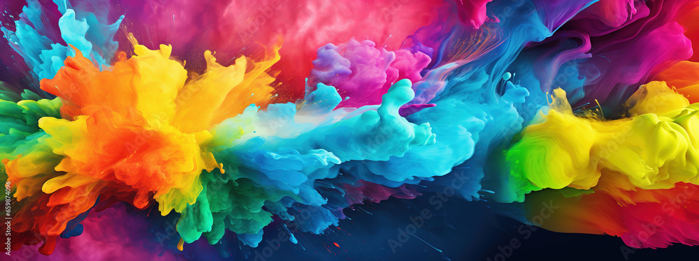 Abstract colorful paint splash ultrawide wallpaper. AI	