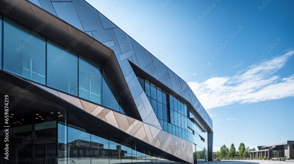 The facade of a modern building, featuring crisp angles and reflective surfaces.