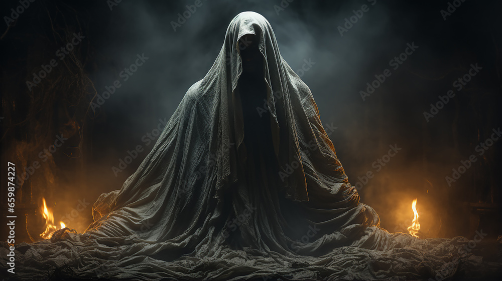 ghost, horror spirit of death on a black background, phobia fantastic creature spirit of evil, fictional darkness