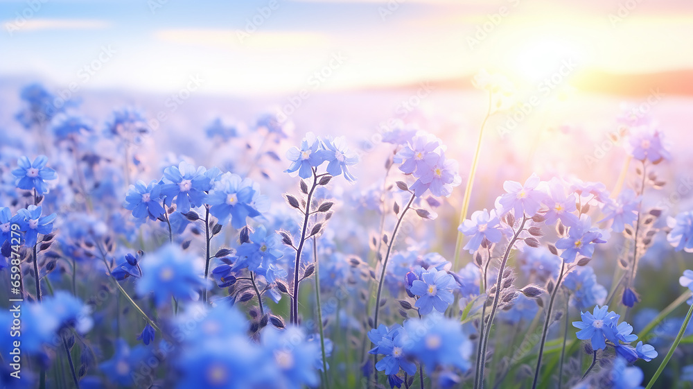 Fototapeta premium forget-me-nots, landscape in a field on a foggy morning, small wild flowers, delicate soft color softpastel tones
