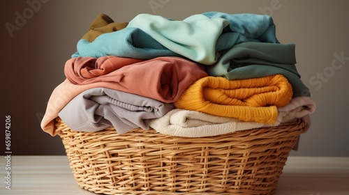 tidy pile of assorted clothes nested inside a plastic laundry basket, awaiting wash day indoors
