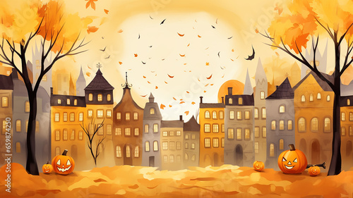 halloween postcard with cityline in orange tones city street in soft color background
