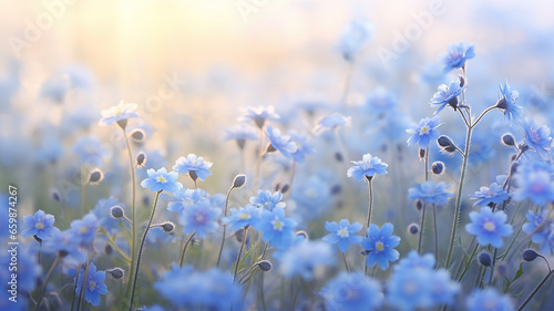 forget-me-nots, landscape in a field on a foggy morning, small wild flowers, delicate soft color softpastel tones