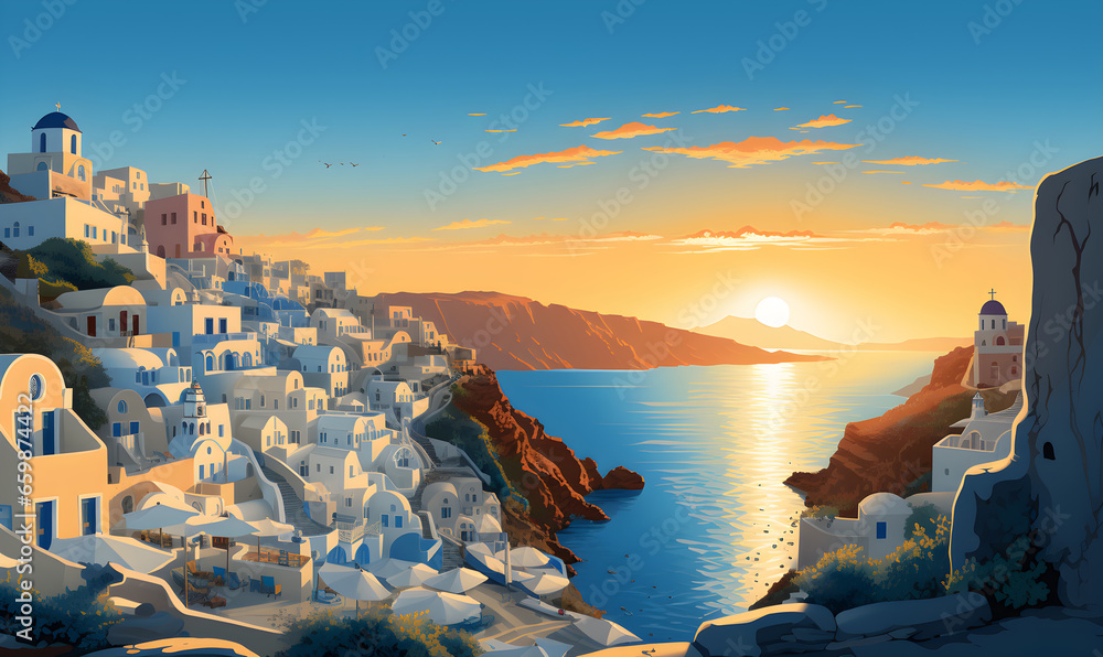 Illustration of Santorini island of Greece, presentation picture, colorful illustration, travel postcard, tourism promotion concept, Generative AI - obrazy, fototapety, plakaty 