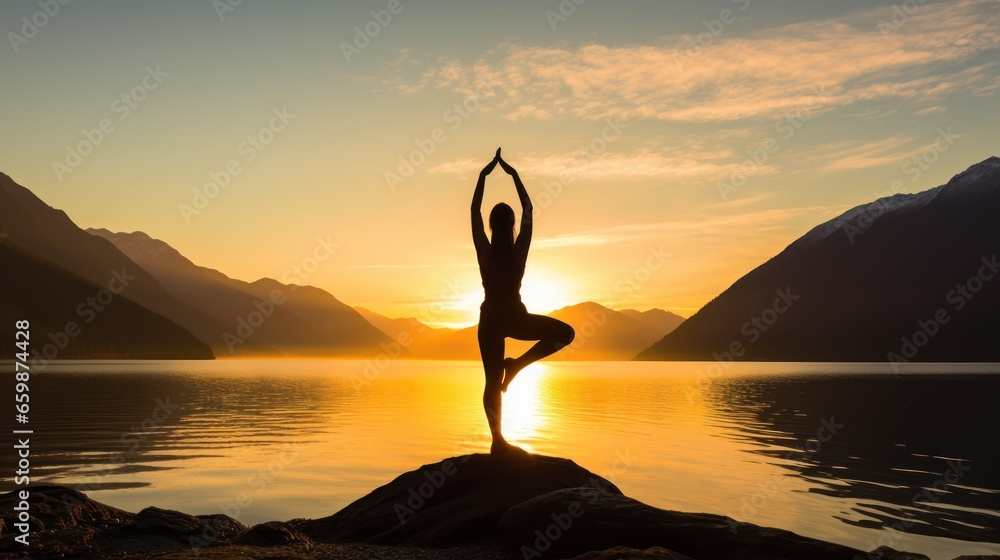 A serene scene captures the silhouette of a woman gracefully practicing yoga at sunrise.