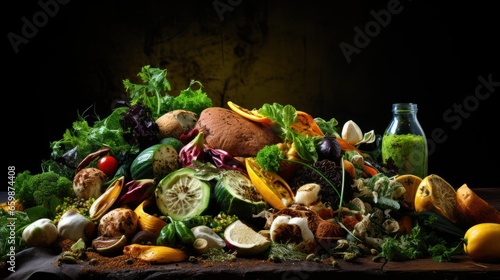 Organic waste from fresh vegetables, prepared for composting, displayed on a dark backdrop