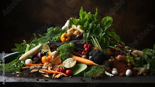 Organic waste from fresh vegetables  prepared for composting  displayed on a dark backdrop