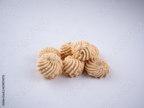 Sago Cookies are neatly presented. They are isolated against a white background.
