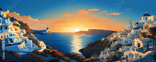 Illustration of Santorini island of Greece, presentation picture, colorful illustration, travel postcard, tourism promotion concept, Generative AI photo