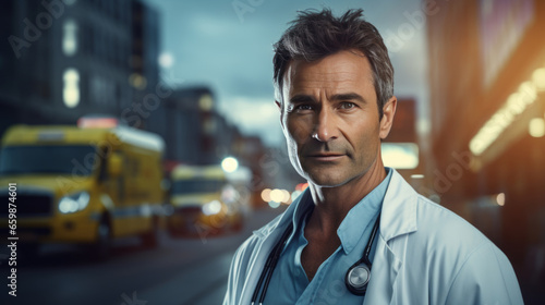 Image of a Emergency doctor with ambulance behind driving through the city. Blur bokeh.