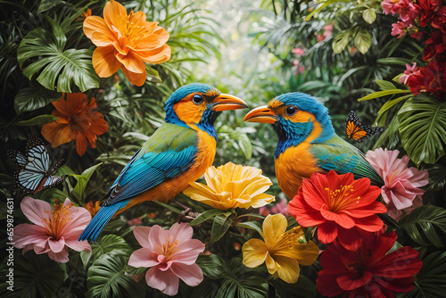 Tropical garden with butterflies and flowers. 3D illustration.