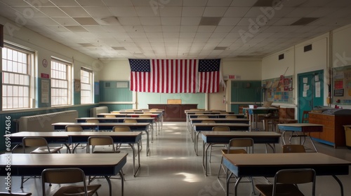 An American flag hanging in an empty classroom with rows of desks.