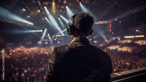charismatic motivational speaker, headset in place, captivates his audience from the stage