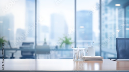 An office interior space with a blurred background.