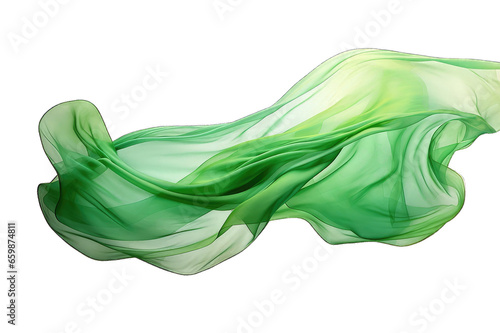 Silk scarf flying in the wind. Waving green satin cloth isolated on transparent background