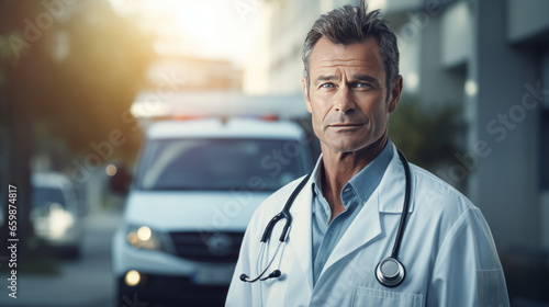 Image of a Emergency doctor with ambulance behind driving through the city. Blur bokeh. photo