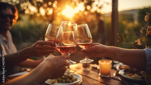 A close-up of happy friends enjoying outdoor fun, seated at a bar table, and raising wine glasses for a toast in a vineyard garden.