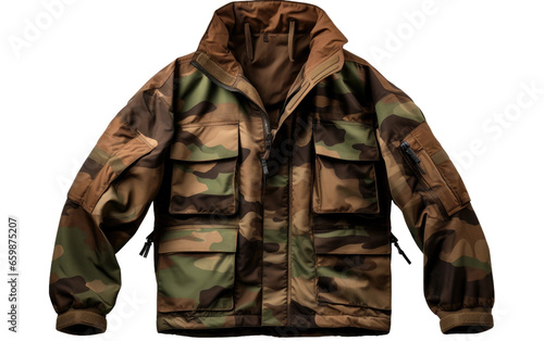 Tactical Elegance Camo Print Utility Jacket on isolated background © zainab